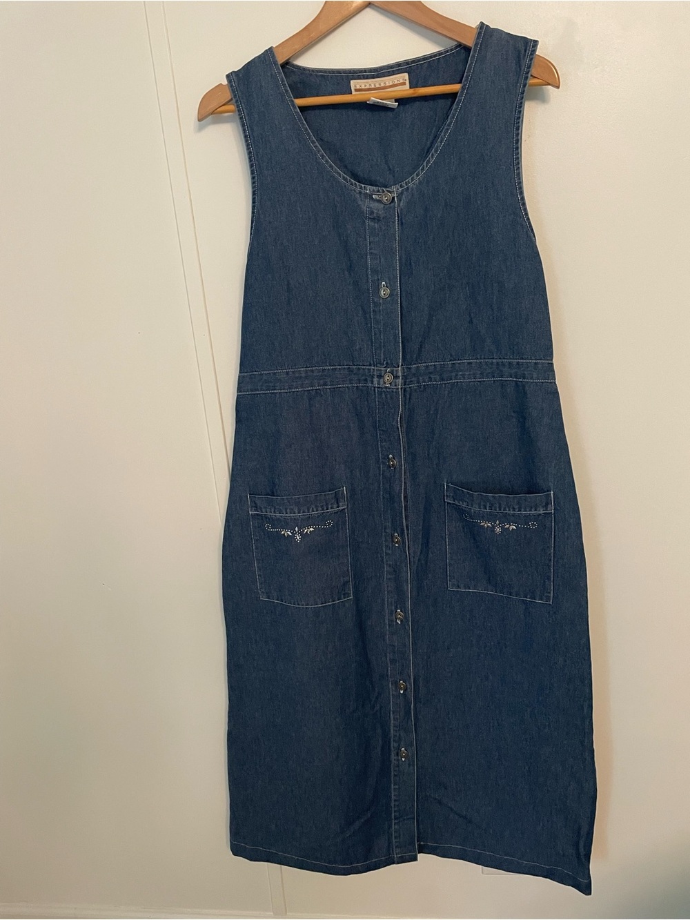 Expressions vintage 90’s Button-Front Denim Maxi Jumper Dress in Dark Blue Sz:14